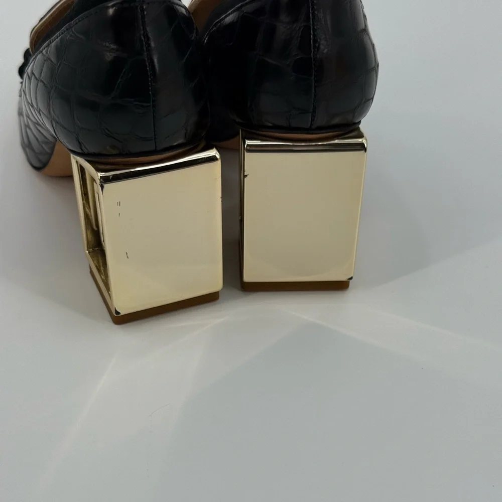 Tory Burch Jessa Black Croc Texture Square Toe Loafers Gold Architectural Heel
